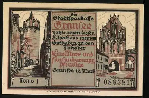 Notgeld Gransee, 1921, 1 Mark 25 Pfennig, historische Kampfszene und Stadtansichten