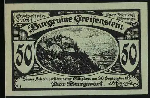 Notgeld Blankenburg 1921, 50 Pfennig, Burgruine Greifenstein mit Landschaft und Gedicht, Seriennummer 14821