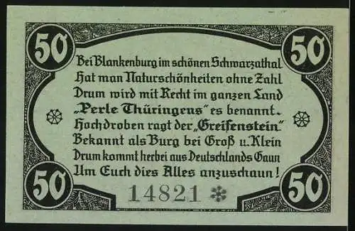 Notgeld Blankenburg 1921, 50 Pfennig, Burgruine Greifenstein mit Landschaft und Gedicht, Seriennummer 14821