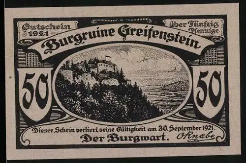 Notgeld Blankenburg 1921, 50 Pfennig, Burgruine Greifenstein, Gültig bis 30. September 1921