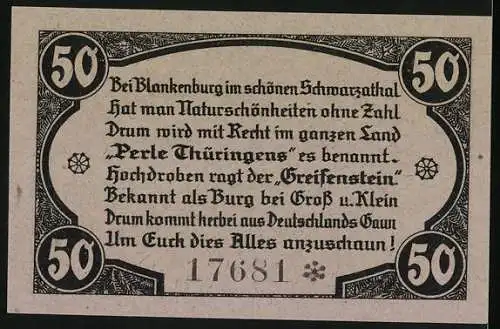 Notgeld Blankenburg 1921, 50 Pfennig, Burgruine Greifenstein, Gültig bis 30. September 1921