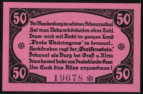 Notgeld Blankenburg 1921, 50 Pfennig, Gutschein mit Burgansicht Greifenstein, Gedicht