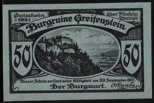 Notgeld Blankenburg 1921, 50 Pfennig, Burgruine Greifenstein und Perle Thüringens im Schwarzathal