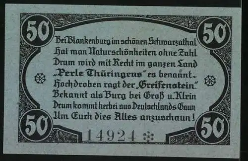 Notgeld Blankenburg 1921, 50 Pfennig, Burgruine Greifenstein und Perle Thüringens im Schwarzathal