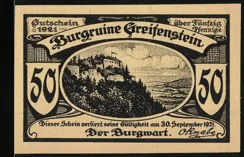 Notgeld Blankenburg 1921, 50 Pfennig, Burgruine Greifenstein mit Landschaft und Gedicht