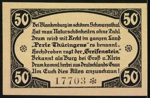 Notgeld Blankenburg 1921, 50 Pfennig, Burgruine Greifenstein mit Landschaft und Gedicht