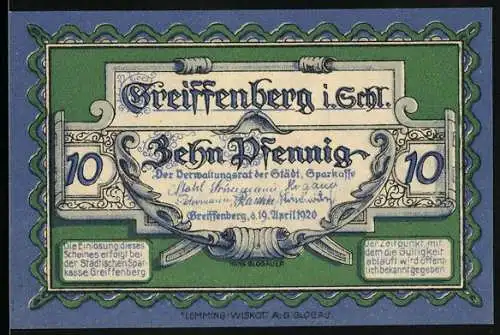 Notgeld Greiffenberg i. Schl., 1920, 10 Pfennig, Verwaltungsrat und Burg Greiffenstein Motiv