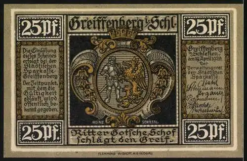 Notgeld Greiffenberg 1920, 25 Pfennig, Dank an Friedrich den Grossen, Ritter Gotsche Schof schlägt den Greif