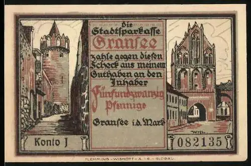 Notgeld Gransee 1921, 25 Pfennig, Vorderseite Stadtansicht und Rückseite Wachturm mit Soldat