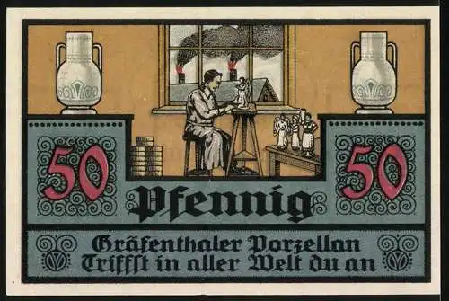 Notgeld Gräfenthal 1921, 50 Pfennig, historische Figuren und Porzellanherstellungsszene