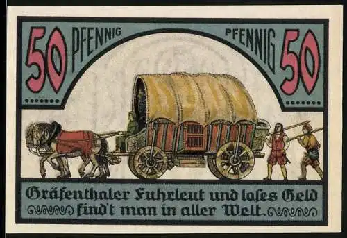 Notgeld Gräfenthal 1921, 50 Pfennig, Kutsche mit Fuhrleuten und Stadtwappen