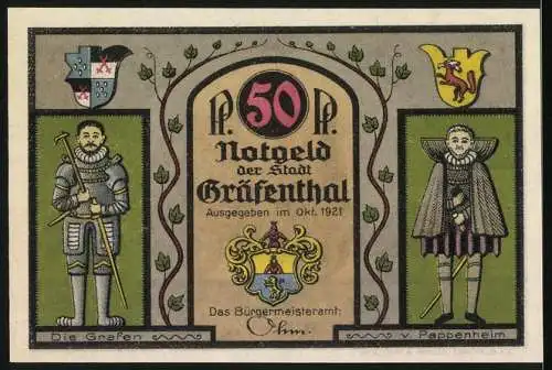 Notgeld Gräfenthal 1921, 50 Pfennig, Kutsche mit Fuhrleuten und Stadtwappen