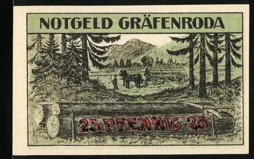 Notgeld Gräfenroda, 25 Pfennig, Waldlandschaft mit Holzfällern und Pferdewagen, Seriennummer Nr. 65902