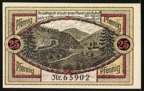 Notgeld Gräfenroda, 25 Pfennig, Waldlandschaft mit Holzfällern und Pferdewagen, Seriennummer Nr. 65902