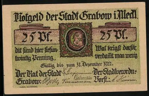 Notgeld Grabow 1921, 25 Pfennig, Stadtansicht und Arbeiter, gültig bis 31. Dezember 1922