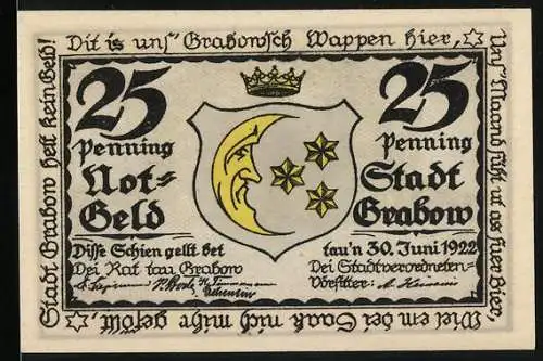 Notgeld Grabow 1922, 25 Penning, Wappen und humorvolle Szene mit Bauern und Stadtrat