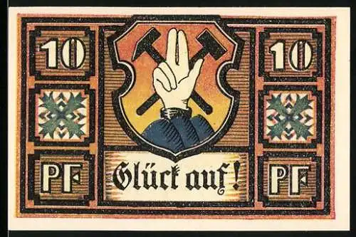 Notgeld Gottesberg 1921, 10 Pf, Glück auf! mit Stadtansicht und Schriftzug Gottesberg Schlesien