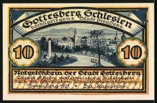 Notgeld Gottesberg 1921, 10 Pf, Glück auf! mit Stadtansicht und Schriftzug Gottesberg Schlesien