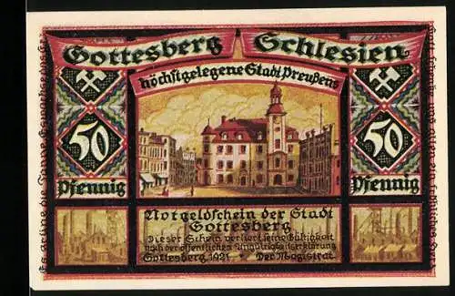 Notgeld Gottesberg, 1921, 50 Pfennig, Stadtansicht und Nagelungszeichen der Stadt Gottesberg im Weltkriege