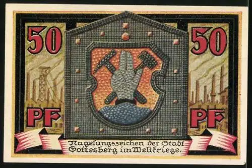 Notgeld Gottesberg, 1921, 50 Pfennig, Stadtansicht und Nagelungszeichen der Stadt Gottesberg im Weltkriege