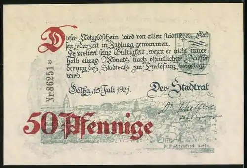 Notgeld Gotha, 1921, 50 Pfennig, St. Gotthard-Abbildung und Stadtansicht