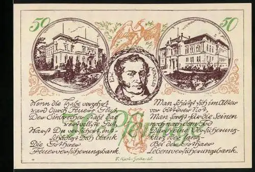 Notgeld Gotha, 1921, 50 Pfennig, Gebäude mit Text und Porträt, Stadtrat Unterschrift und Stadtansicht