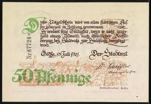 Notgeld Gotha, 1921, 50 Pfennig, Gebäude mit Text und Porträt, Stadtrat Unterschrift und Stadtansicht