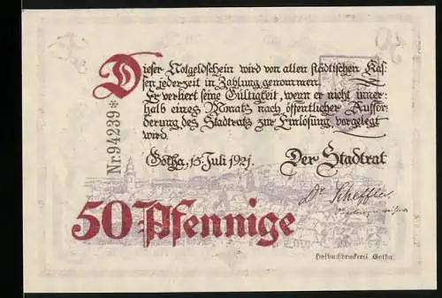 Notgeld Gotha, 1921, 50 Pfennige, Vorderseite Text mit Stadtansicht, Rückseite Kinder mit Brot