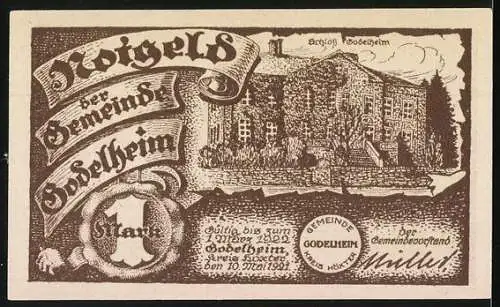 Notgeld Godelheim, 1921, 1 Mark, Schlacht an der Weser bei Godelheim-Margarethen anno 783 und Schloss Godelheim