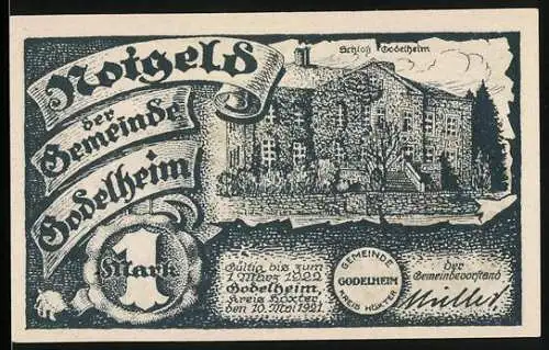 Notgeld Godelheim 1921, 1 Mark, Vorderseite Schloss Godelheim, Rückseite Schlacht an der Weser 787