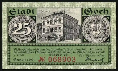 Notgeld Goch, 1921, 25 Pfennig, Rathaus und historische Gebäude