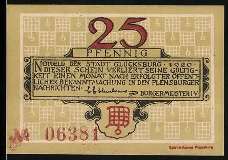 Notgeld Glücksburg 1920, 25 Pfennig, Schloss Glücksburg und Bekanntmachung auf Vorderseite