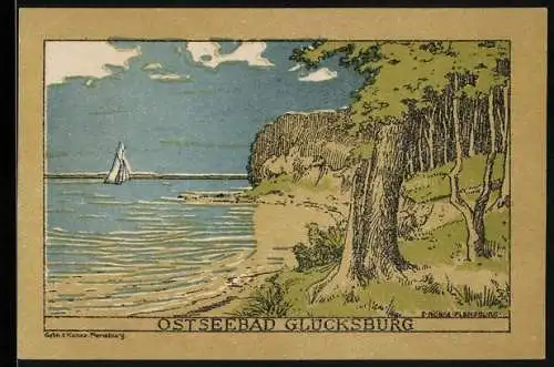 Notgeld Glücksburg, 1920, 50 Pfennig, Ostseebad, Segelboot und Küstenlandschaft