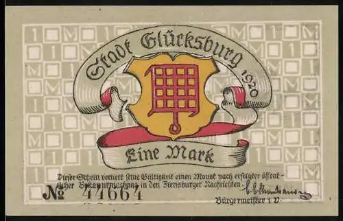 Notgeld Glücksburg 1920, eine Mark, Stadtwappen und Schloss Glücksburg Illustration