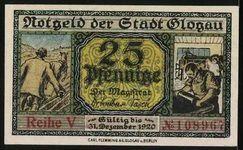 Notgeld Glogau 1920, 25 Pfennig, Pavillon, Bauer, Druckerei