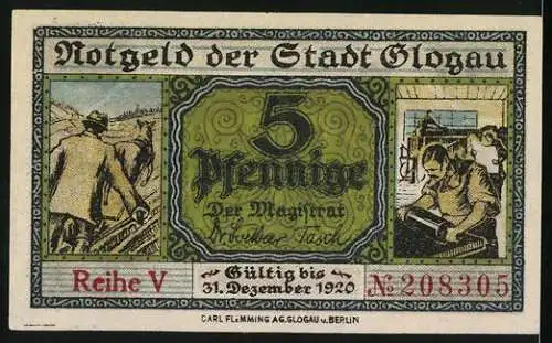 Notgeld Glogau, 1920, 5 Pfennig, Gebäude und Arbeitsszenen, gültig bis 31. Dezember 1920