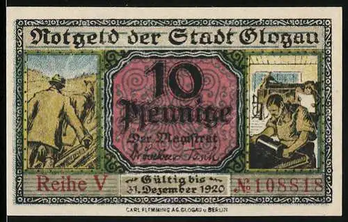 Notgeld Glogau, 1920, 10 Pfennig, Serie V mit Stadtansicht und Arbeiterszenen, gültig bis 31. Dezember 1920