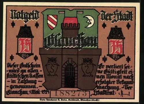 Notgeld Glauchau 1921, 25 Pfennig, Burgtor und Scherenschnitt-Szene mit bettelnden Kindern