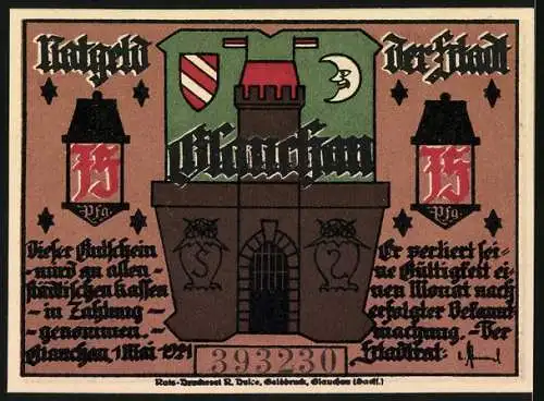 Notgeld Glauchau 1921, 25 Pfennig, Silhouetten von Menschen und eine Burg mit Stadtwappen