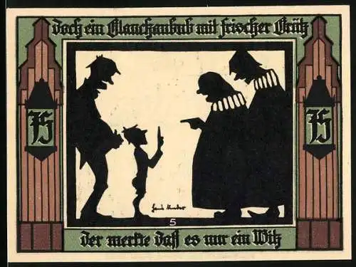 Notgeld Glauchau, 1921, 5 Pfennig, Silhouetten von Personen und Burgabbildung mit Wappen