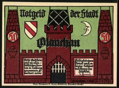 Notgeld Glauchau 1921, 50 Pfennig, Silhouetten von Menschen und Stadtmauer mit Wappen und Mondsichel