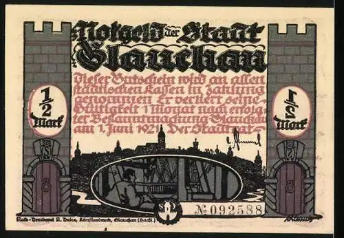 Notgeld Glauchau 1921, 1 /2 Mark, Dunkle Figuren und Stadtwappen