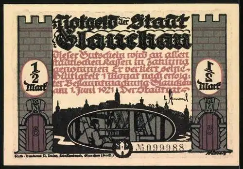 Notgeld Glauchau, 1921, 1 /2 Mark, Illustration von Figuren und Stadtansicht mit Burgtor