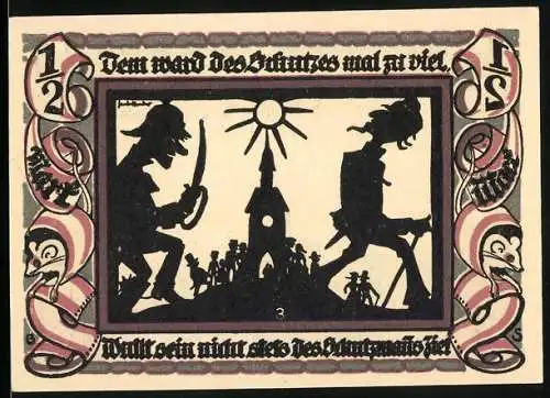 Notgeld Glauchau 1921, 1 /2 Mark, Silhouetten von kämpfenden Soldaten und Stadtansicht