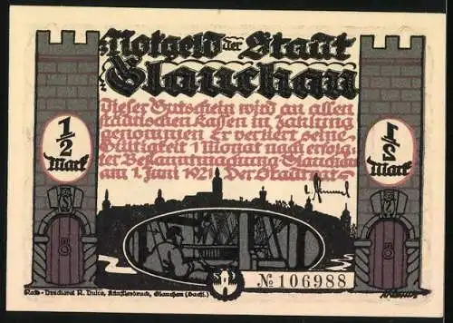 Notgeld Glauchau 1921, 1 /2 Mark, Silhouetten von kämpfenden Soldaten und Stadtansicht