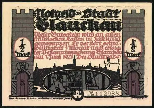 Notgeld Glauchau, 1921, 1 /2 Mark, Silhouettenszene mit Kirche