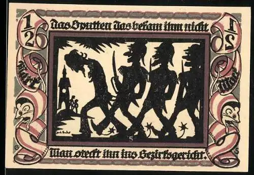 Notgeld Glauchau 1921, 1 /2 Mark, Silhouette von Soldaten und Stadtszene mit Brücke und Türmen