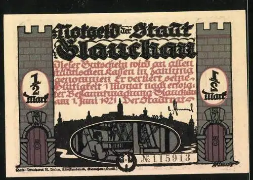 Notgeld Glauchau 1921, 1 /2 Mark, Silhouette von Soldaten und Stadtszene mit Brücke und Türmen