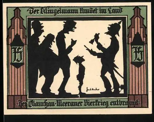 Notgeld Glauchau 1921, 75 Pfennig, Der Klingelmann kündet im Land und Stadttor mit Wappen