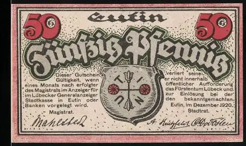 Notgeld Eutin, 1920, 50 Pfennig, Schloss Eutin mit Rosenornamenten